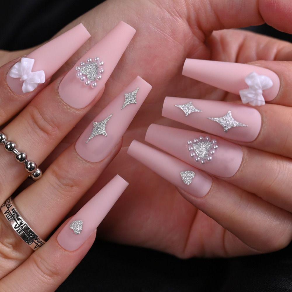 ESPO Bộ 24 Móng Tay Giả Dạng Nhấn Bằng Kim Loại Che Phủ Toàn Diện Họa Tiết Chim Công / Trái Tim /