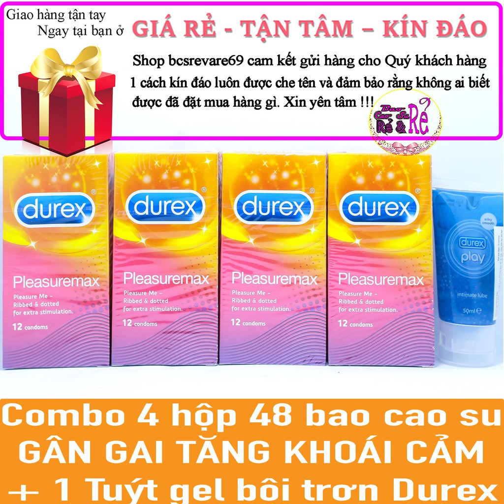 [FREE SHIP] 4 Hộp 48 cái Bao Cao Su GÂN GAI Durex PleasuareMax + 1 Tuýt gel bôi trơn Durex Play