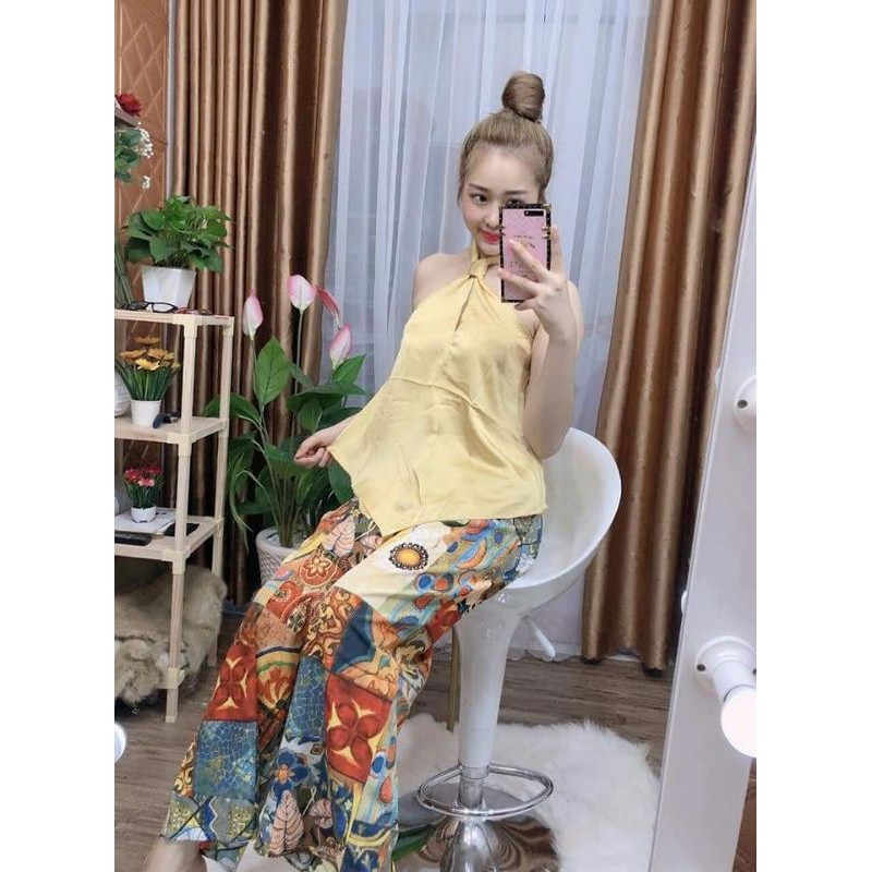 (HÌNH THẬT) SET QUẦN THỔ CẨM ỐNG RỘNG + ÁO YẾM LỤA CAO CẤP