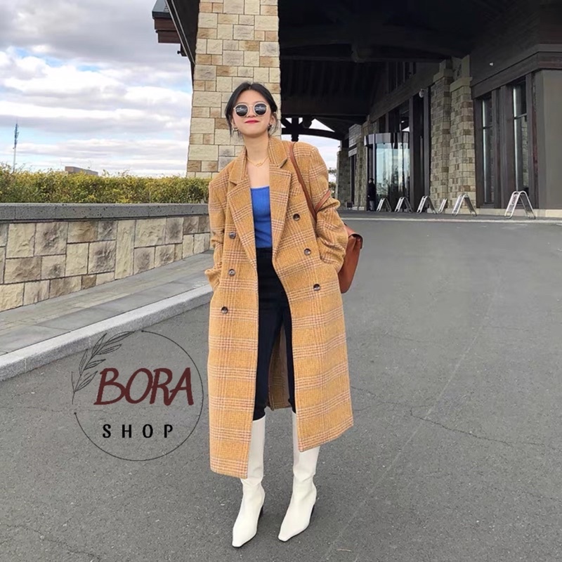 Áo khoác dạ dáng dài nữ Ulzzang Hàn Quốc BORA SHOP họa tiết kẻ ô order