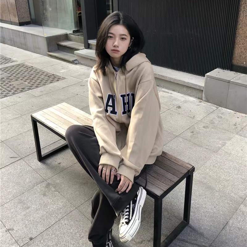 Áo Khoác Hoodie Thể Thao Phong Cách Retro Hàn Quốc Cho Nữ