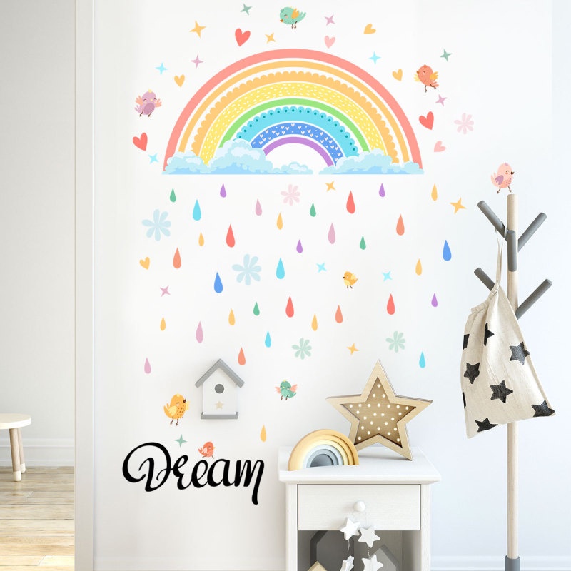 Giấy Dán Tường Pvc Hình Cầu Vồng Và Sao Băng Trang Trí Phòng Ngủ Cho Bé