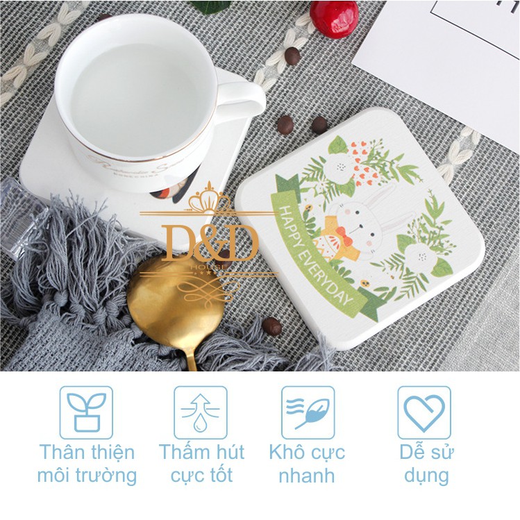 Miếng lót ly, tấm lót cốc siêu hút nước bằng đất xốp Diatomite họa tiết, thông điệp dễ thương