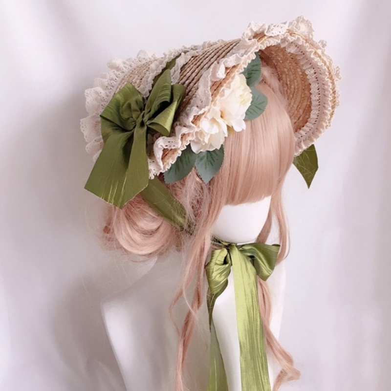 ✿ Mũ Cói Chống Nắng Phối Ren Hoa Phong Cách Lolita Dành Cho Nữ