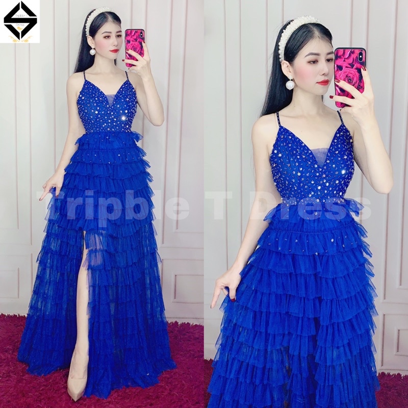 Đầm maxi 2 dây xếp xếp tâng kết kim sa sang trọng xẻ đùi TRIPBLE T DRESS - SIZE M/L - MS268V