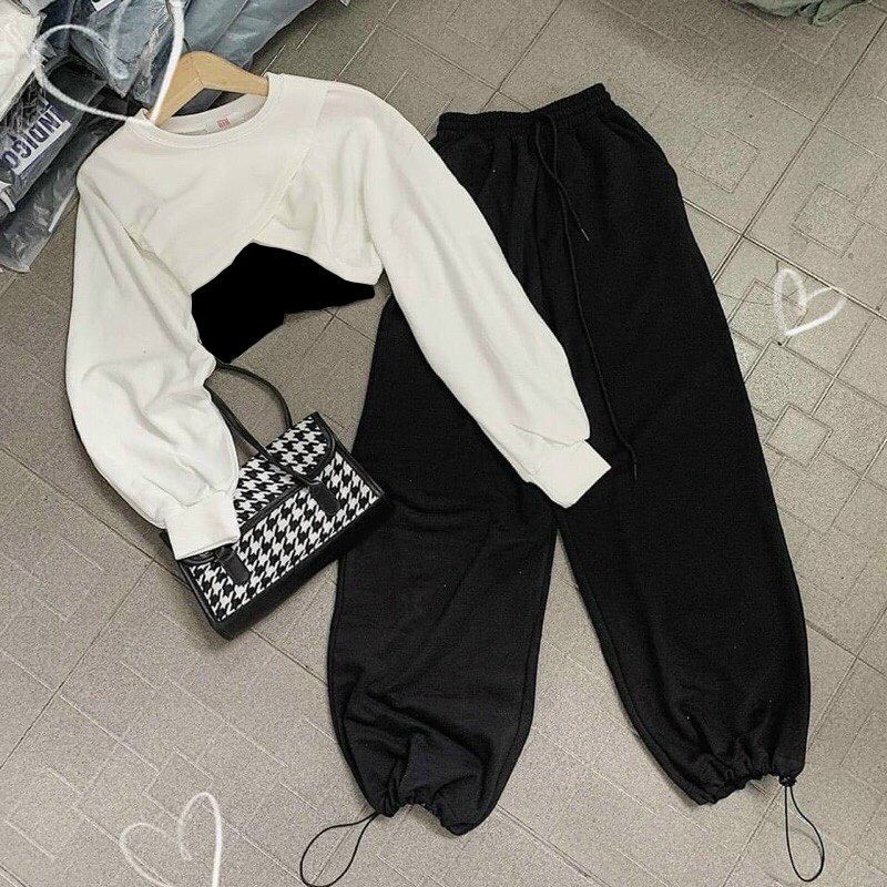 set 3 món áo tay dài hở khoe áo lót trong quần jogger cá tính k