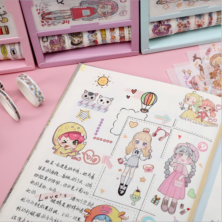 Set 7 cuộn băng dính và 9 miếng dán sticker trang trí đồ dùng cá nhân hoạt hình Chibi siêu xinh BAG U SETSBD588