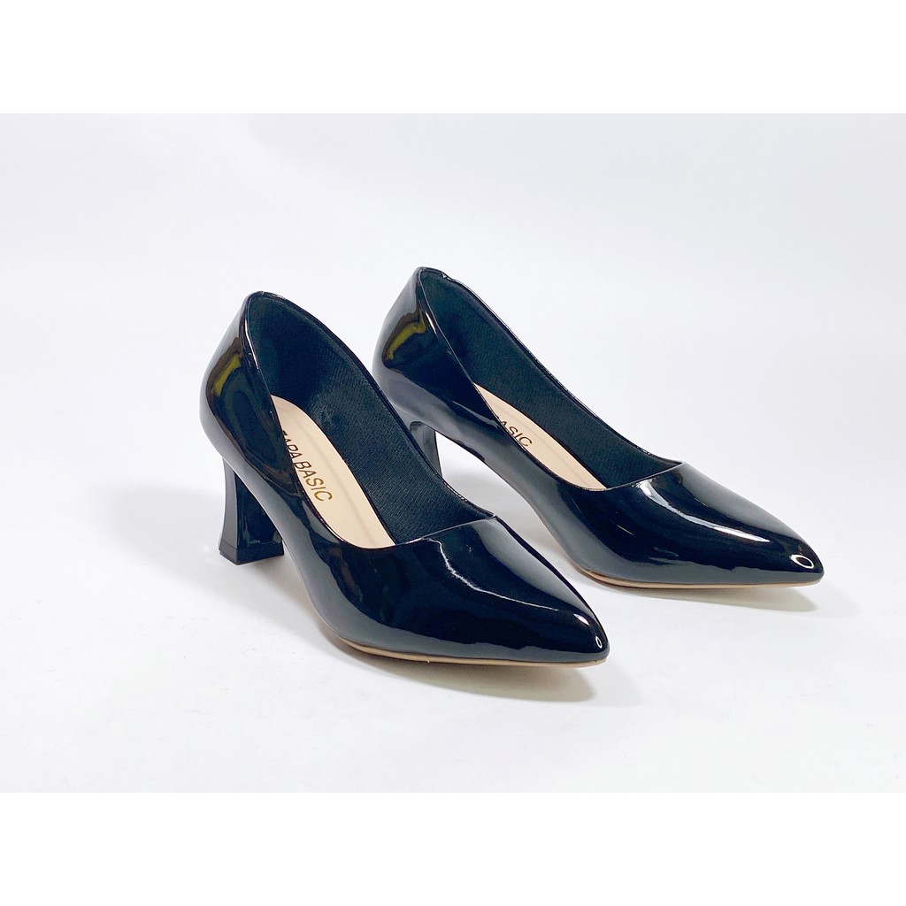 giày búp bê cao gót màu đen trơn bóng cao 7cm thiết kế đơn giản thanh lịch (GBBVL)