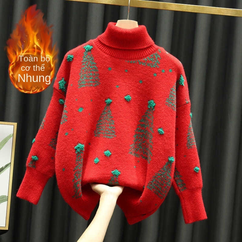 Giáng sinh áo len cổ lọ màu đỏ phụ nữ mùa thu / đông 2021 retro phong cách lười biếng chui đầu lỏng kiểu phương Tây
