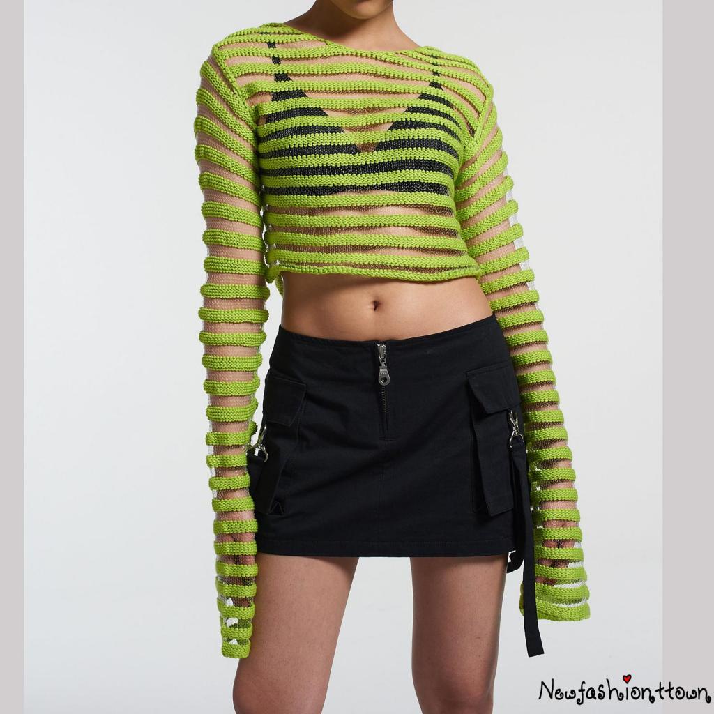 Áo Thun Crop Top Dệt Kim Xuyên Thấu Họa Tiết Kẻ Sọc Màu Xanh Lá Thời Trang Mùa Hè Y2K