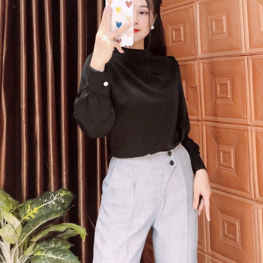 Áo kiểu công sở tay dài cao cấp, chất lụa mịn dày dặn, co giãn, mịn mát, không nhăn | BigBuy360 - bigbuy360.vn