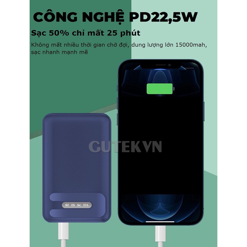 Sạc dự phòng không dây sạc nhanh 22,5W pin 15000mah mini nhỏ gọn cho từ ip 8/X/11/12/13 – Gutek RCT-015