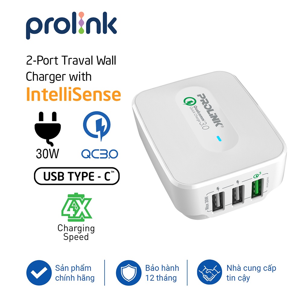 Củ sạc nhanh 30W PROLiNK PTC32501 có 3 cổng USB-A dành cho iPhone, iPad, Samsung, Xiaomi