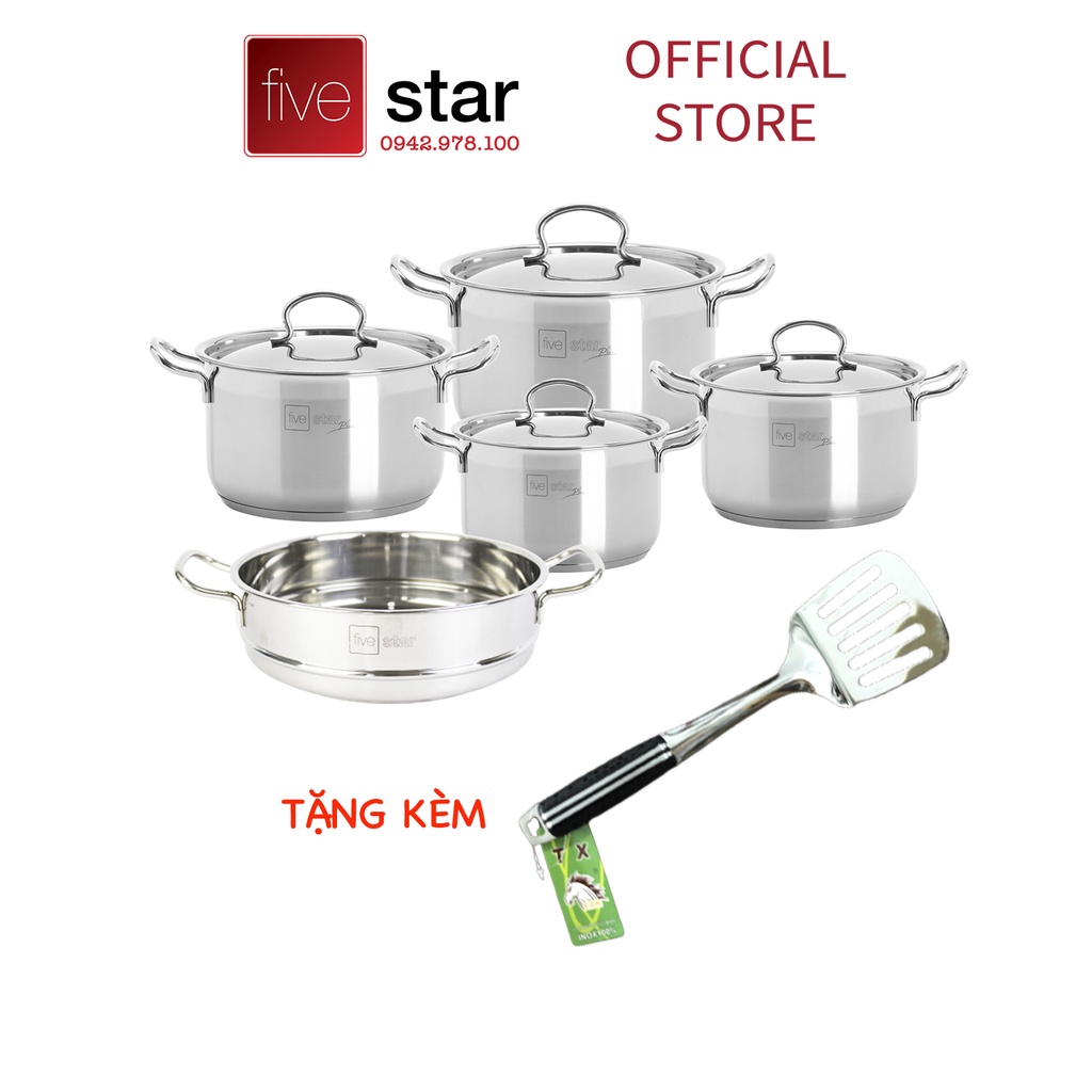 Combo Bộ nồi inox 304 và xửng hấp cao cấp FiveStar Plus vancover bếp từ nắp inox , tặng 1 sạn inox