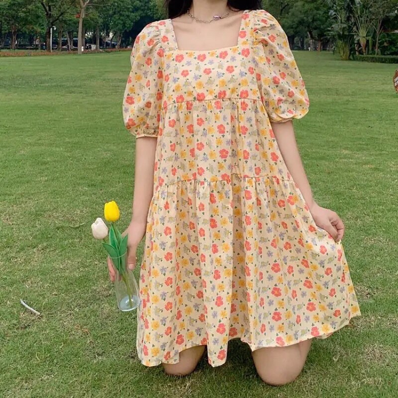 VÁY BABY DOLL HOA NHÍ, CỔ VUÔNG THẮT NƠ TIỂU THƯ | BigBuy360 - bigbuy360.vn