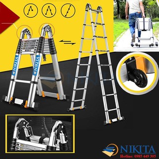 Thang nhôm rút đa năng Nikita có bánh xe di chuyển và thêm chân phụ cao 5,6m (NKT-AID56)