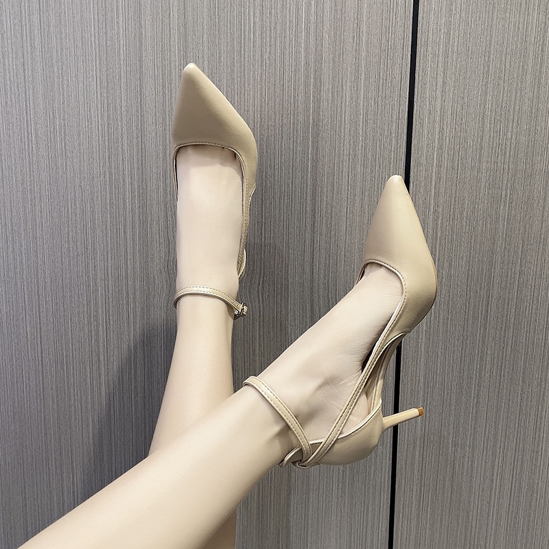 Giày Cao Gót Da Mũi Nhọn Dây Mắt Cá Chân Màu Đen Thời Trang Công Sở Cho Nữ