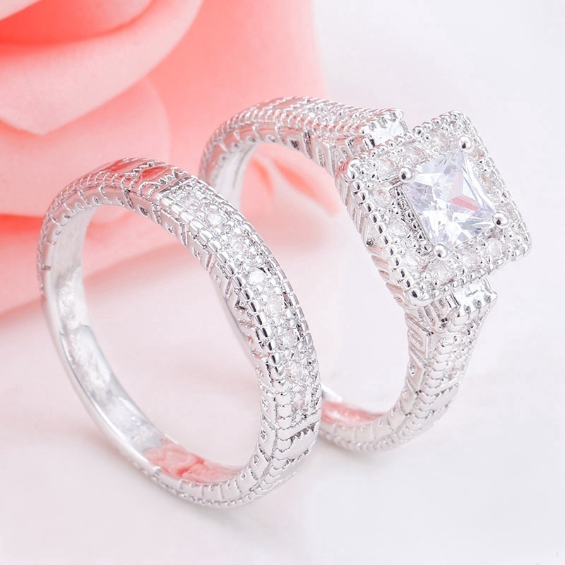 Nhẫn đeo tay mạ bạc khắc hình trái tim đính đá xinh xắn