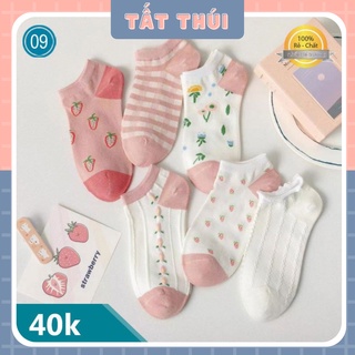 Set 5 Đôi Tất Nữ cổ thấp hoạ tiết hồng dâu tây ngọt ngào thoáng khí mùa Hè