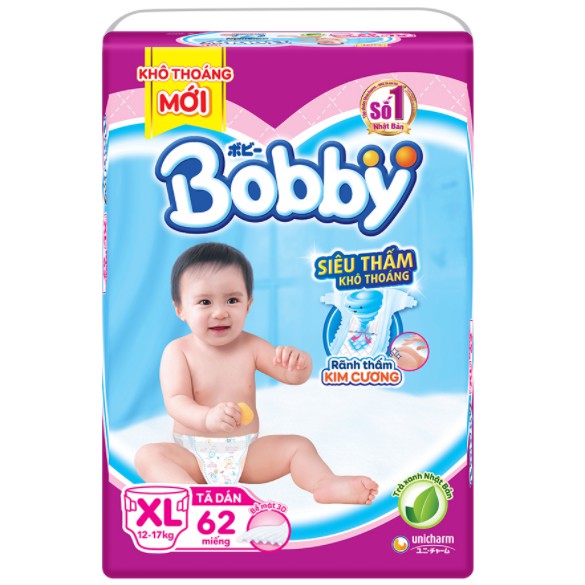 Tã dán trẻ em Bobby siêu thấm size XL gói 62 miếng