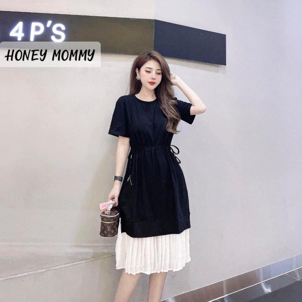 Váy Bầu Hè Cộc Tay Chất Thun Cotton Dây Rút Eo Phối Chân Váy Trắng HD2632 Honey Mommy Đầm Bầu Công Sở Đi Làm Đi Chơi ‣ *