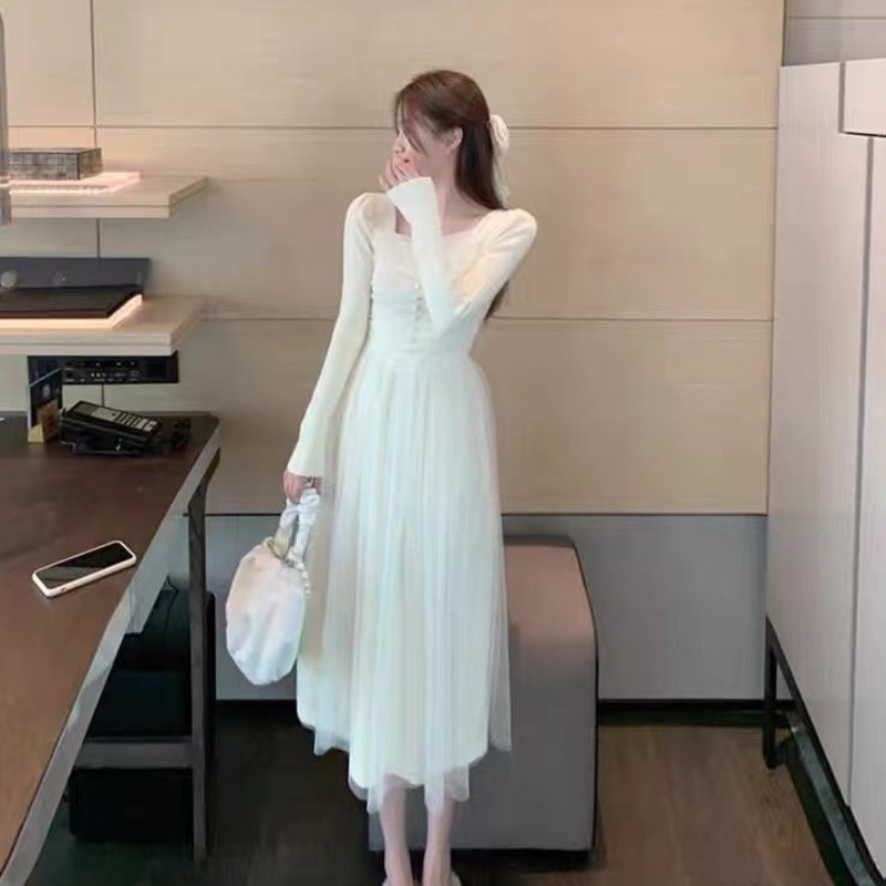 Đầm Dáng Dài Phối Lưới Màu Trắng Thời Trang Thanh Lịch Cho Nữ