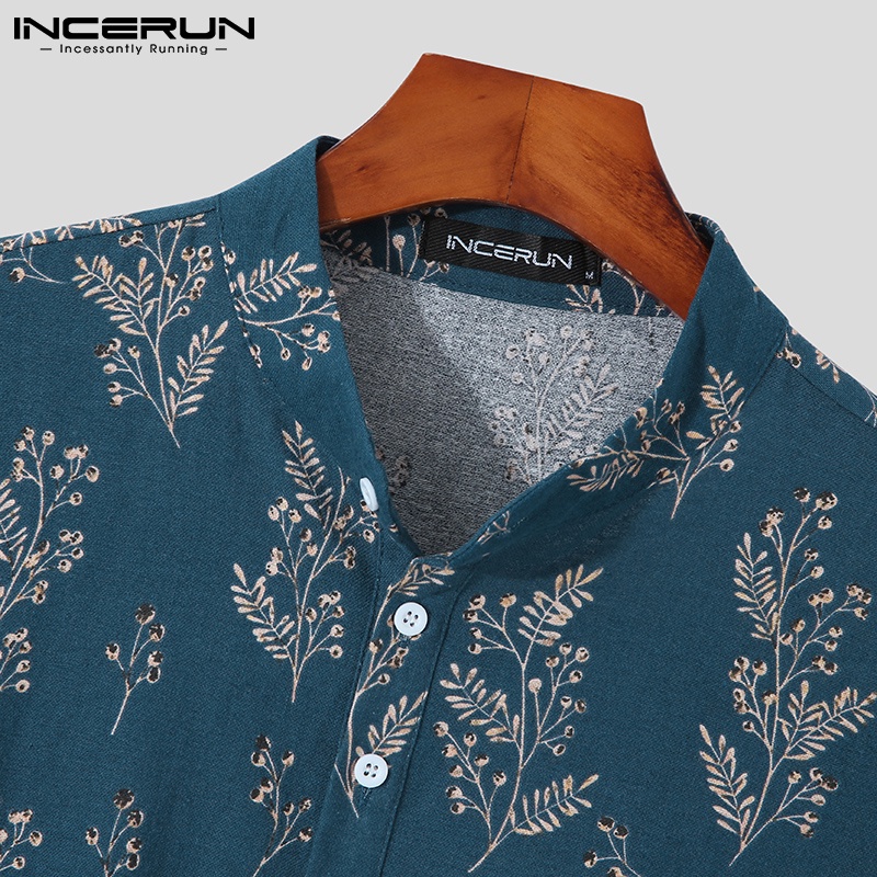 Áo kiểu INCERUN tay ngắn cotton in họa tiết phong cách vintage cá tính thời trang cho nam