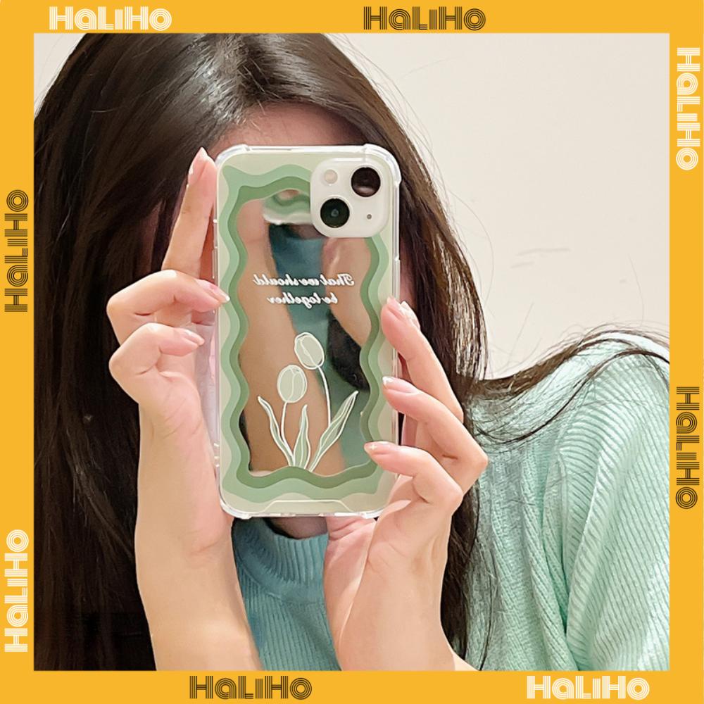 iPhone Case Acrylic Reflective Mirror Airbag Shockproof Protection Camera Green Tulip Flower Compatible with iPhone 11 iPhone 13 Pro Max iPhone 12 Pro Max iPhone 7 Plus iPhone xr