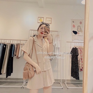 Set vest đũi be bộ áo sơ mi cổ vest mix quần sooc cộc be