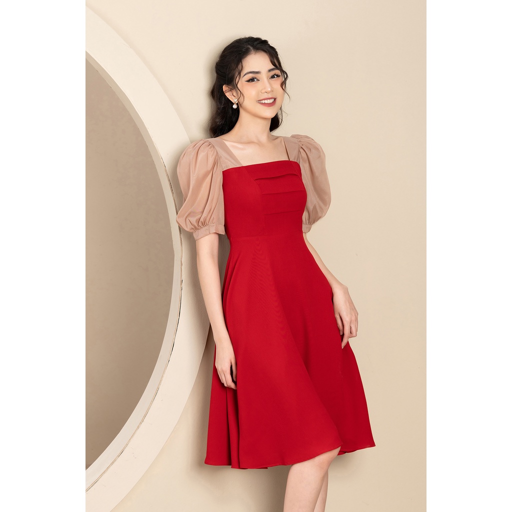 Đầm Xòe Thiết Kế Cao Cấp Luperi LFV3287 cổ vuông xếp li xinh xắn phối tay bồng sang chảnh cho nàng dự tiệc đi chơi