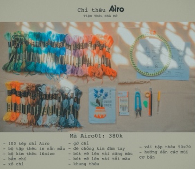 Set chỉ Airo & AH chính hãng 50-100 tép + dụng cụ thêu đầy đủ