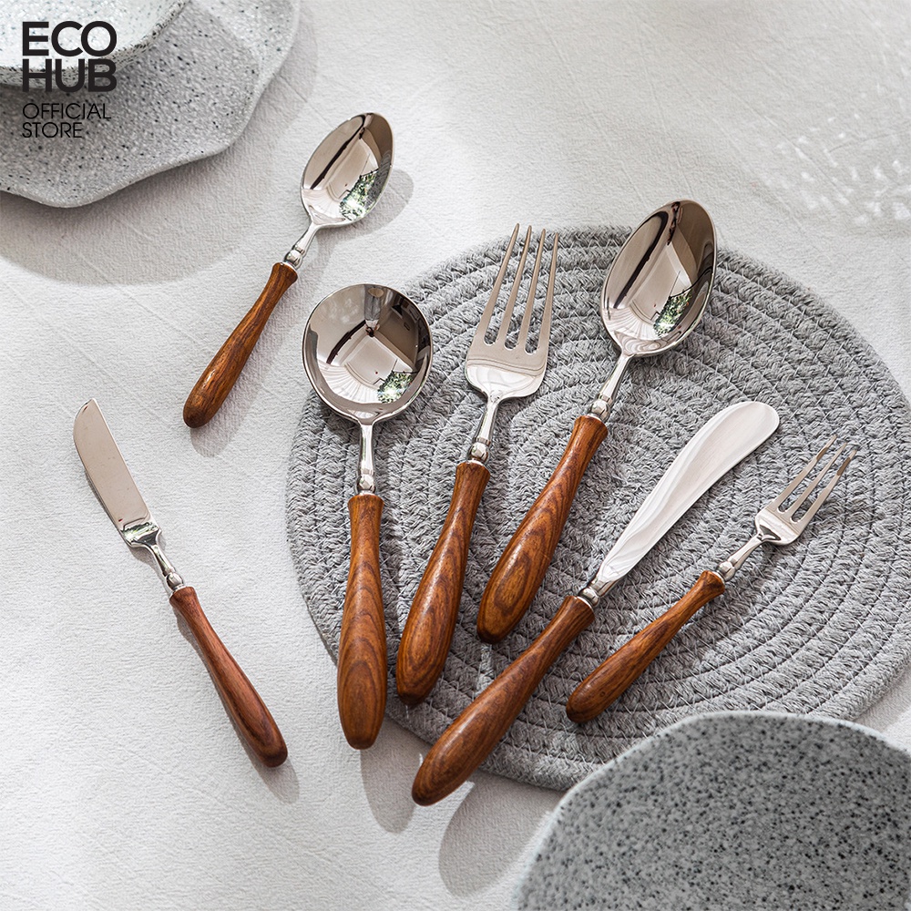 Bộ dao muỗng nĩa inox cán gỗ ECOHUB màu bạc sang trọng, Sử dụng cho nhà hàng cao cấp / cá nhân (Wooden Cultery Set)