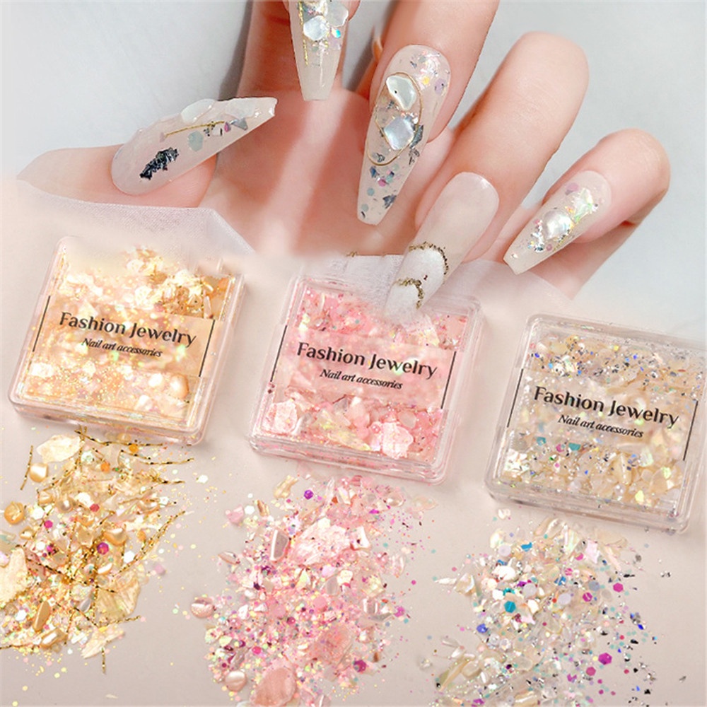 Cod Qipin Phụ Kiện Trang Trí Móng Tay Nghệ Thuật Kim Sa Pha Lê Siêu Mỏng Hình Vỏ Sò Màu Sắc Thần Kỳ Hàn Quốc