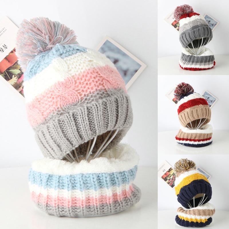 Set 2 Mũ Beanie Dệt Kim Phối Khăn Choàng Cổ Giữ Ấm Mùa Đông Mềm Mại Cho Bé Trai Bé Gái