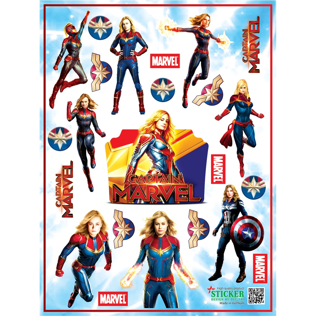 Bộ Sticker CAPTAIN MARVEL, Miếng dán được cắt sẳn có màng bảo vệ chống nước chống trầy.