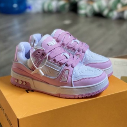 Giày LV Trainer Hồng Fullbox, Giày thể thao lv trainer hồng cá tính da nhăn cực đẹp hot trend 2022