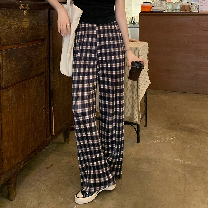 Casual plaid pants women's high waist thin loose straight-leg pants