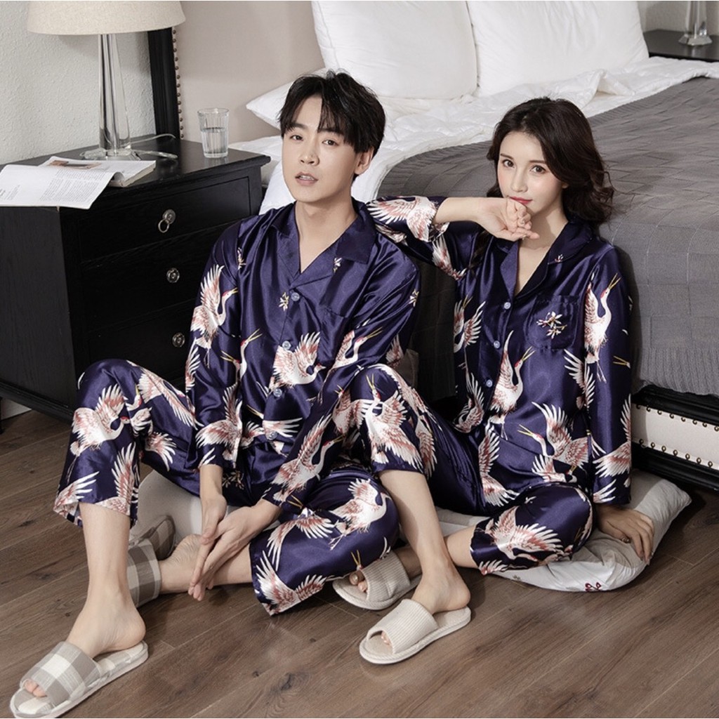 Bộ pijama lụa họa tiết tiên hạc dành cho các cặp đôi - Đồ mặc nhà cho nam và nữ ...