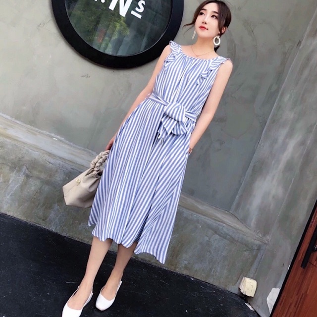 Đầm suông, váy midi sọc xanh dây bèo (kèm hình thật)