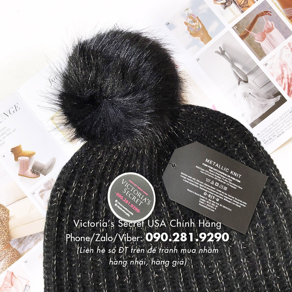 (56) Mũ len đen phối tiêu thời trang, phong cách Mỹ - Hàng nhập Victoria's Secret USA