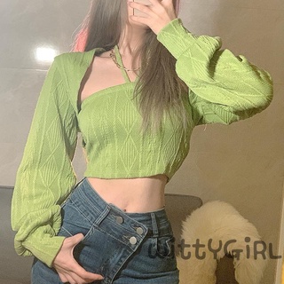 Set áo croptop dệt kim màu trơn không tay + áo khoác vai dài tay thiết kế thời trang cho nữ