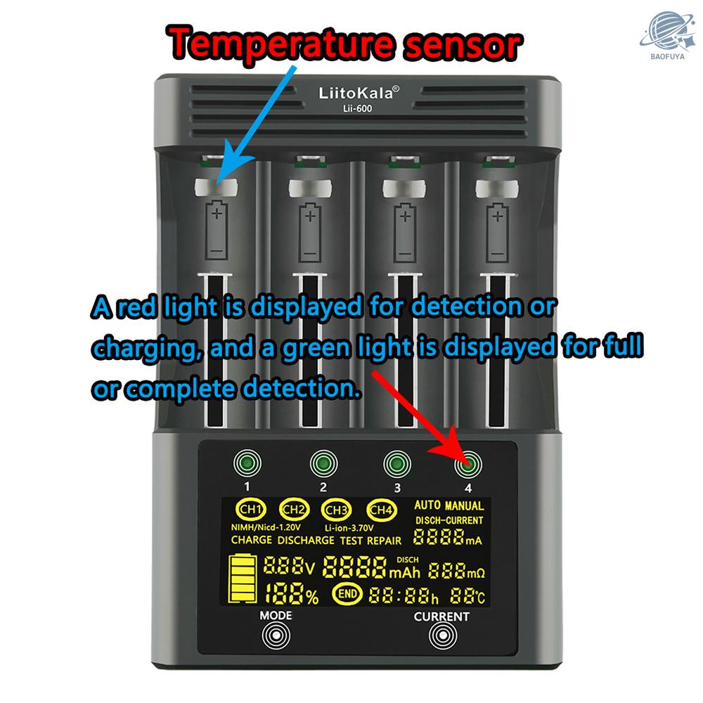 Bộ sạc pin Liitokala Lii-600 Li-Ion-3.7V Ni-Mh1.2V có 4 ngăn 18350 16340 14500