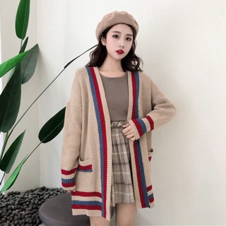 AK40 ÁO KHOÁC LEN CARDIGAN NỮ DÁNG DÀI MIX KẺ SỌC MÀU