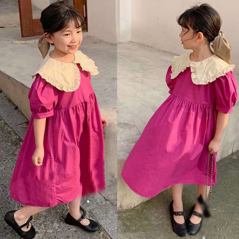 Đầm Tay Phồng Cổ Bẻ Thời Trang Hàn Quốc Đáng Yêu Cho Bé Gái