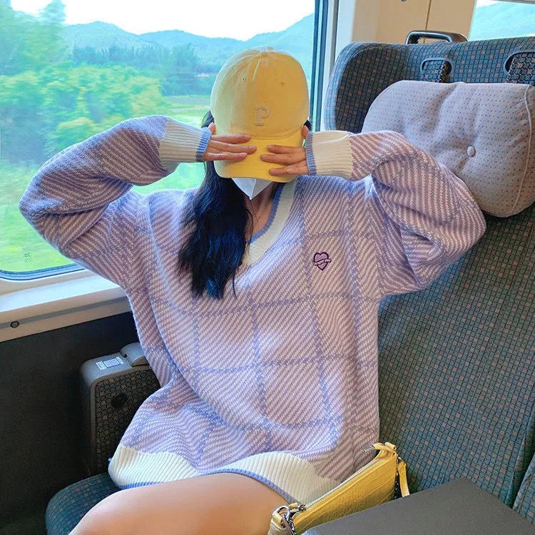 Áo sweater dệt kim cổ chữ V dáng rộng màu tím/ màu xanh da trời thời trang dành cho nữ