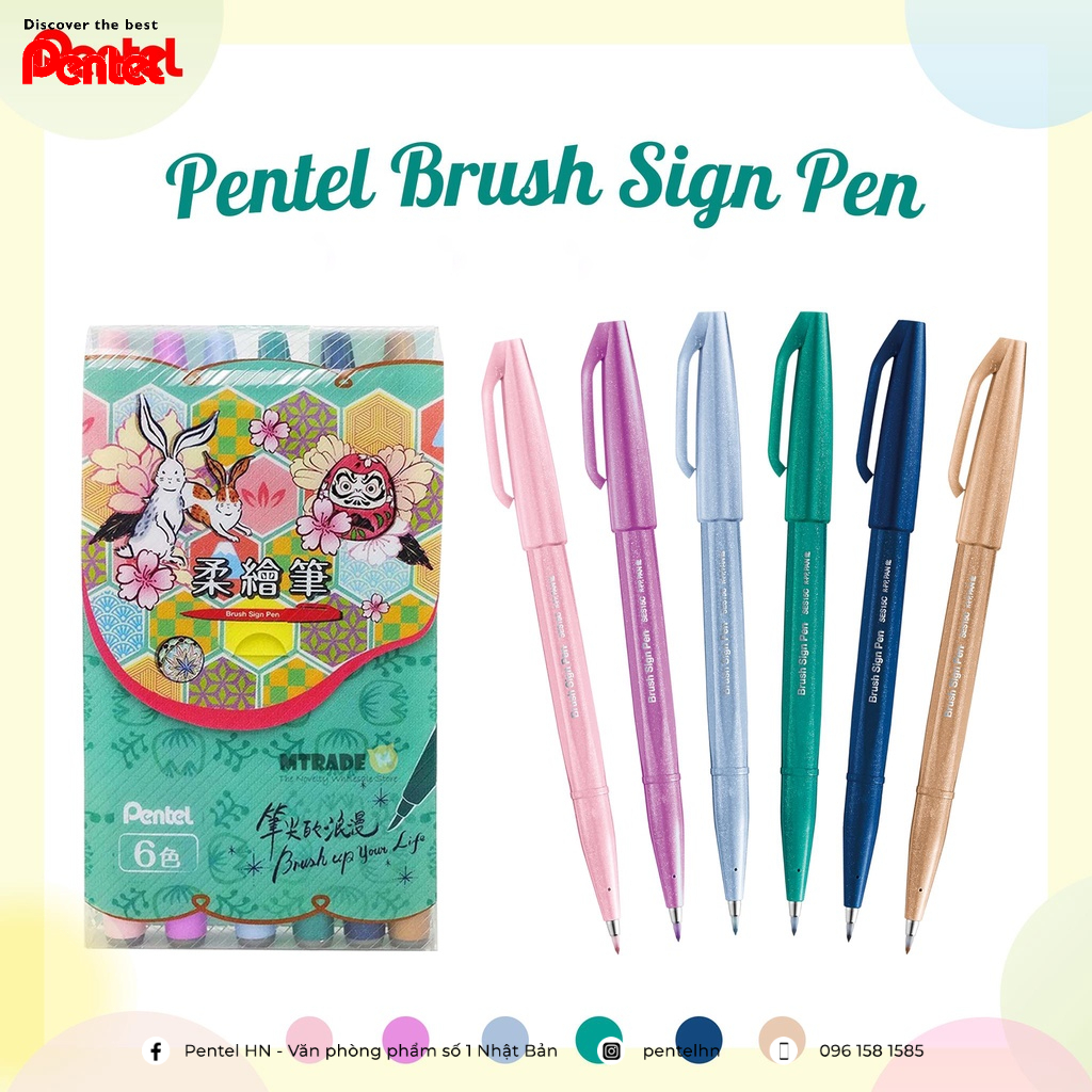 Bút viết thư pháp Pentel Fude Touch Brush Sign Pen New colour SES15C Đủ Màu