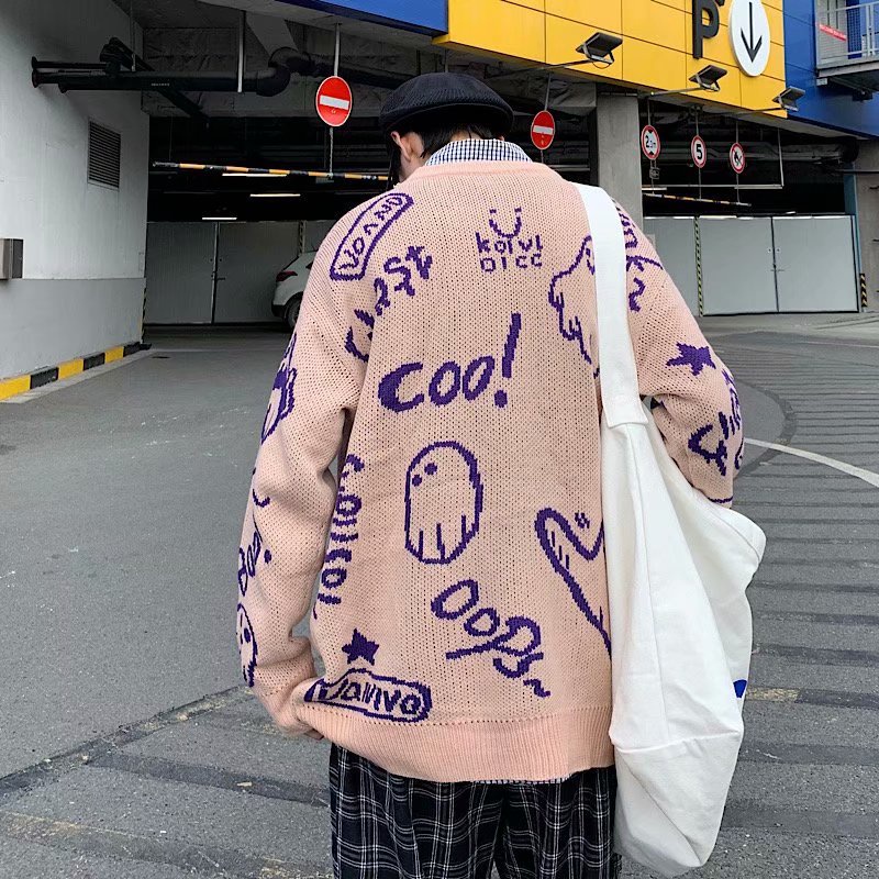 Áo sweater Dệt Kim Chui Đầu Dáng Rộng In Hoạt Hình Kiểu hip-hop Thời Trang Thu Đông Cho Các Cặp Đôi