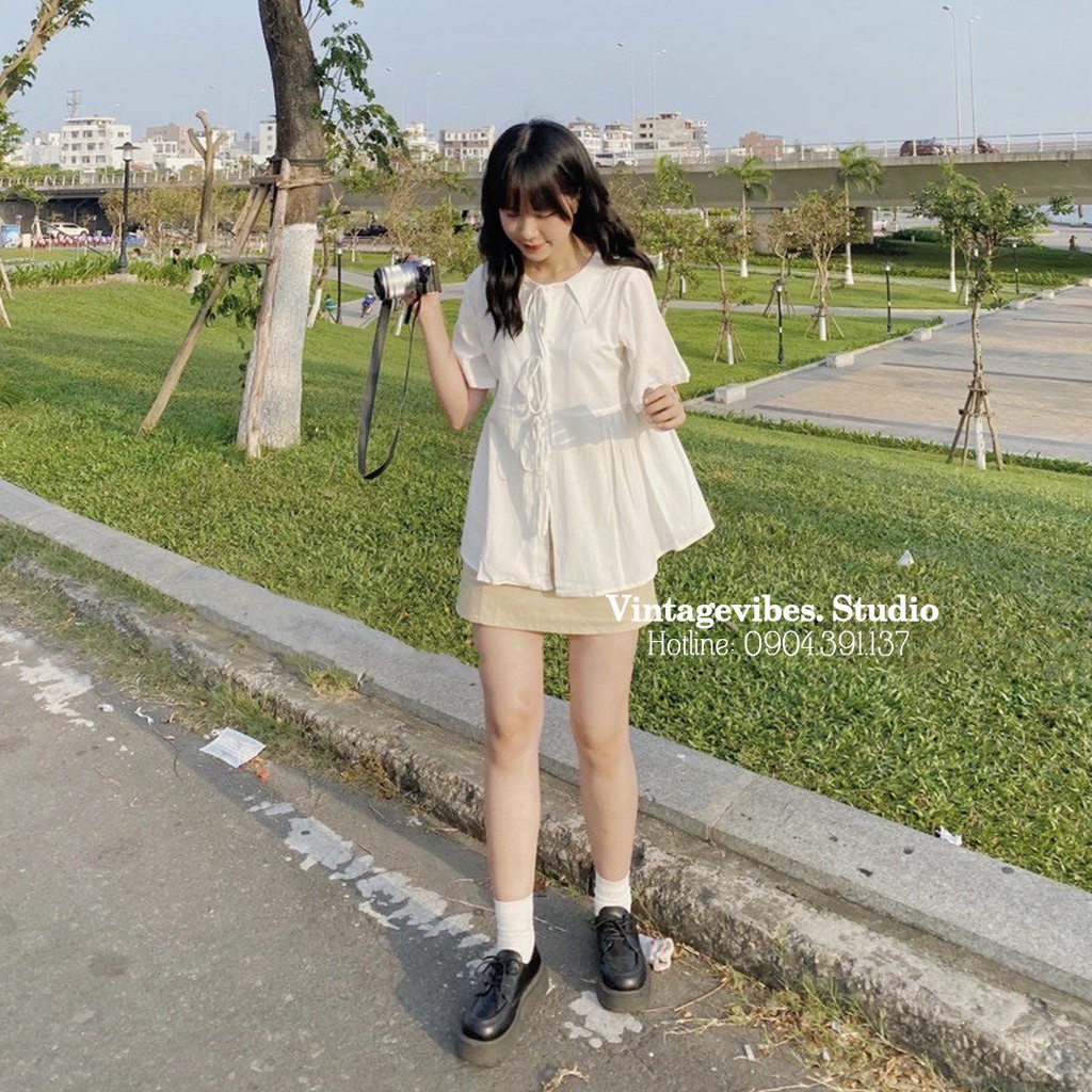 Áo babydoll cổ 3 nơ tiểu thư kèm chân váy Ulzzang (hàng QCCC) - Ảnh thật + Video thật