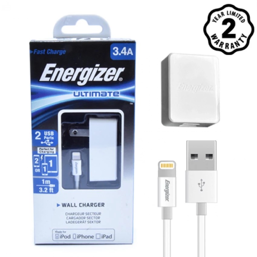 Bộ sạc Energizer UL 2 cổng USB 3.4A + Cáp Lightning MFi dài 1m- ACA2CUSULI3 (Trắng)