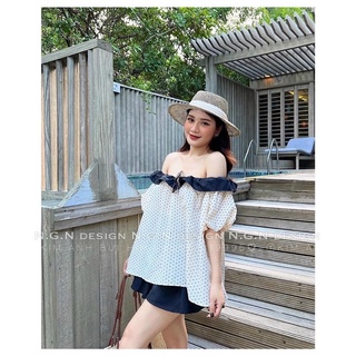 Set chấm bi trễ vai quần sooc đen siêu xinh hàng chuẩn Kim Anh Bùi ngn